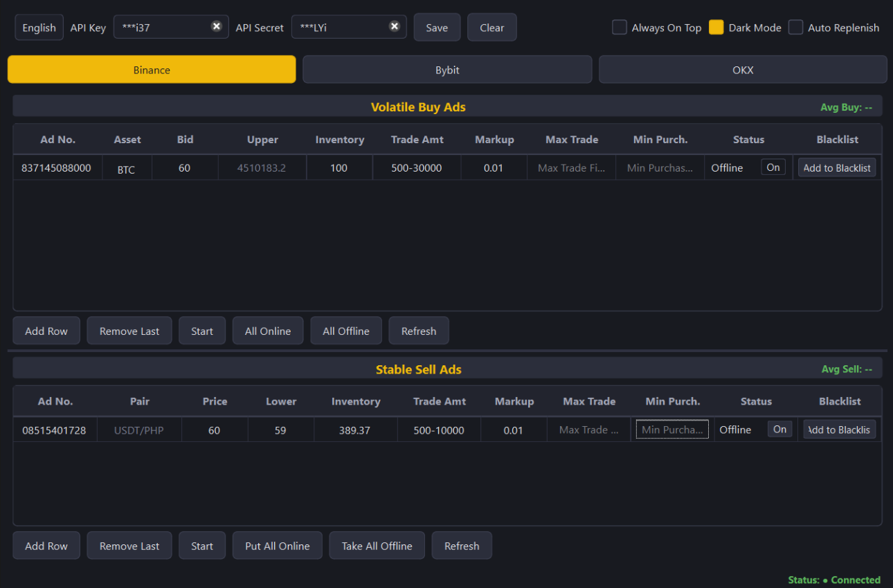Binance P2P Bot BTC Bidding Assistant — real-time auto bidding interface across Binance, Bybit and OKX