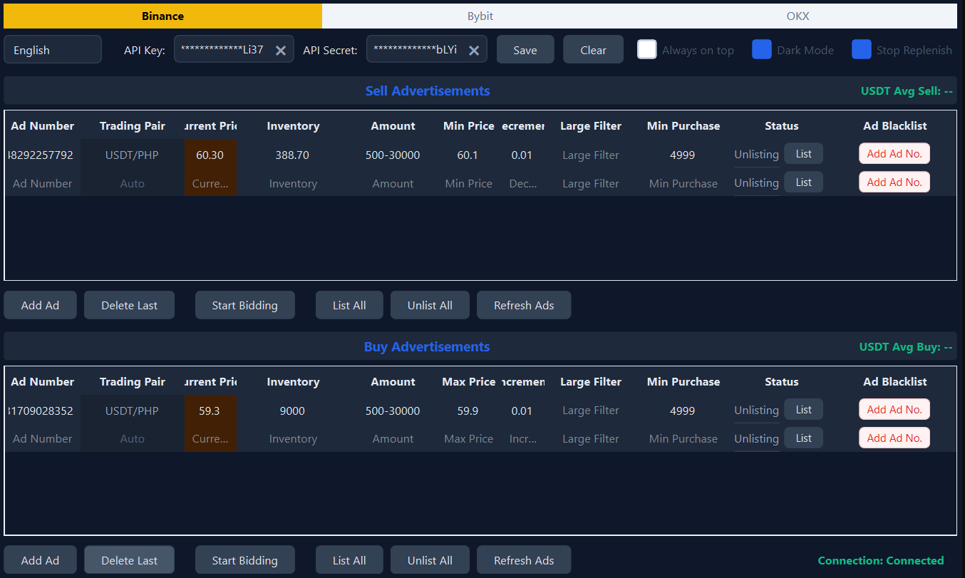 Binance P2P Bot USDT Multi-Exchange Bidding — simultaneous buy and sell ads across 3 exchanges